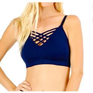 Zenana Women's Front V-Lattice Bralette Adjustable Straps, NOT PADDED, NAVY, S/M